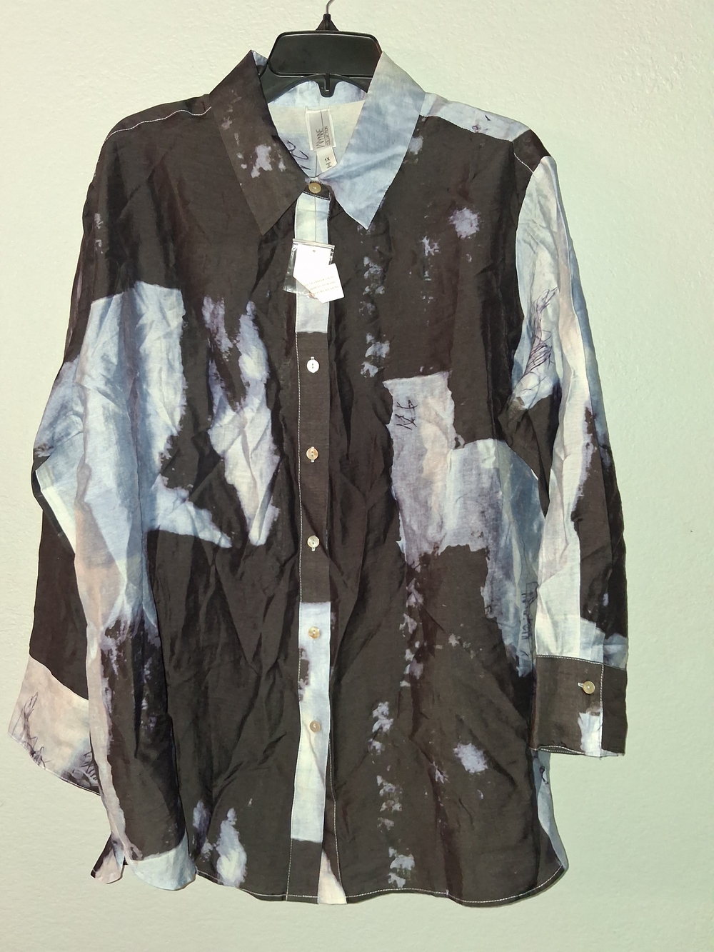 Women's Tie-Dye Button-Down Blouse in Black and Light Blue